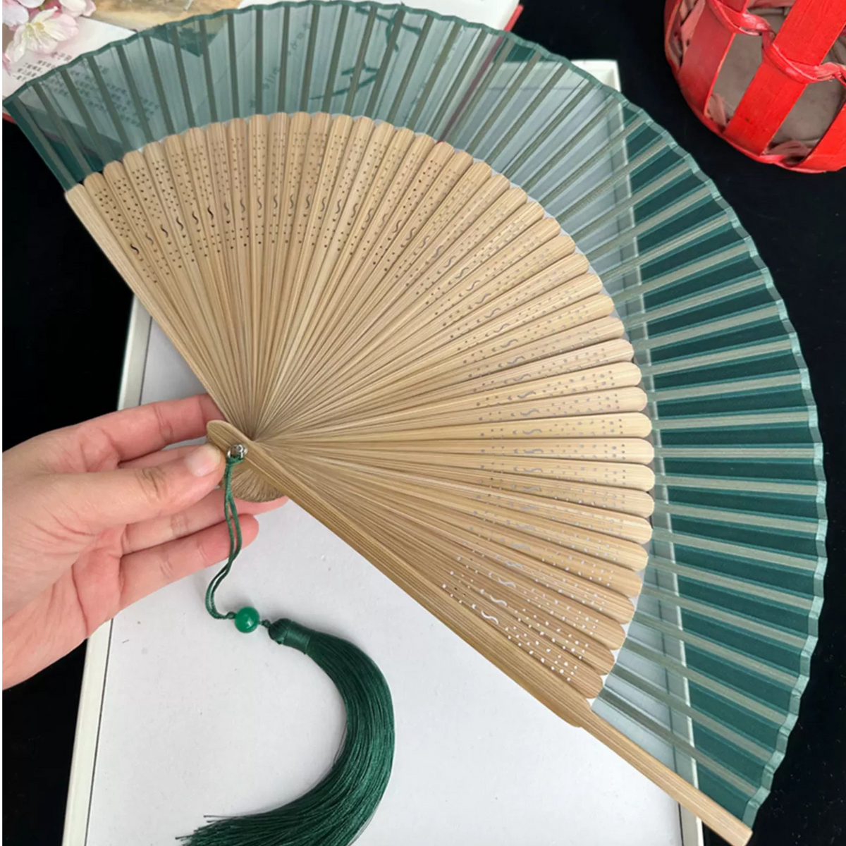 Sheer Pine Green Bamboo Handheld Fan By Chop Suey Club Asian